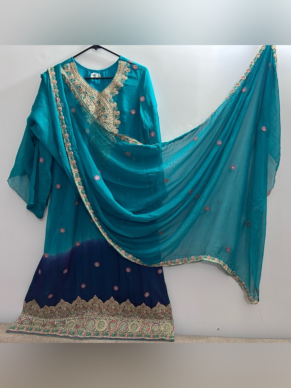 Teal & Navy Embroidered Salwar Kameez and dopatta (3pc) suit